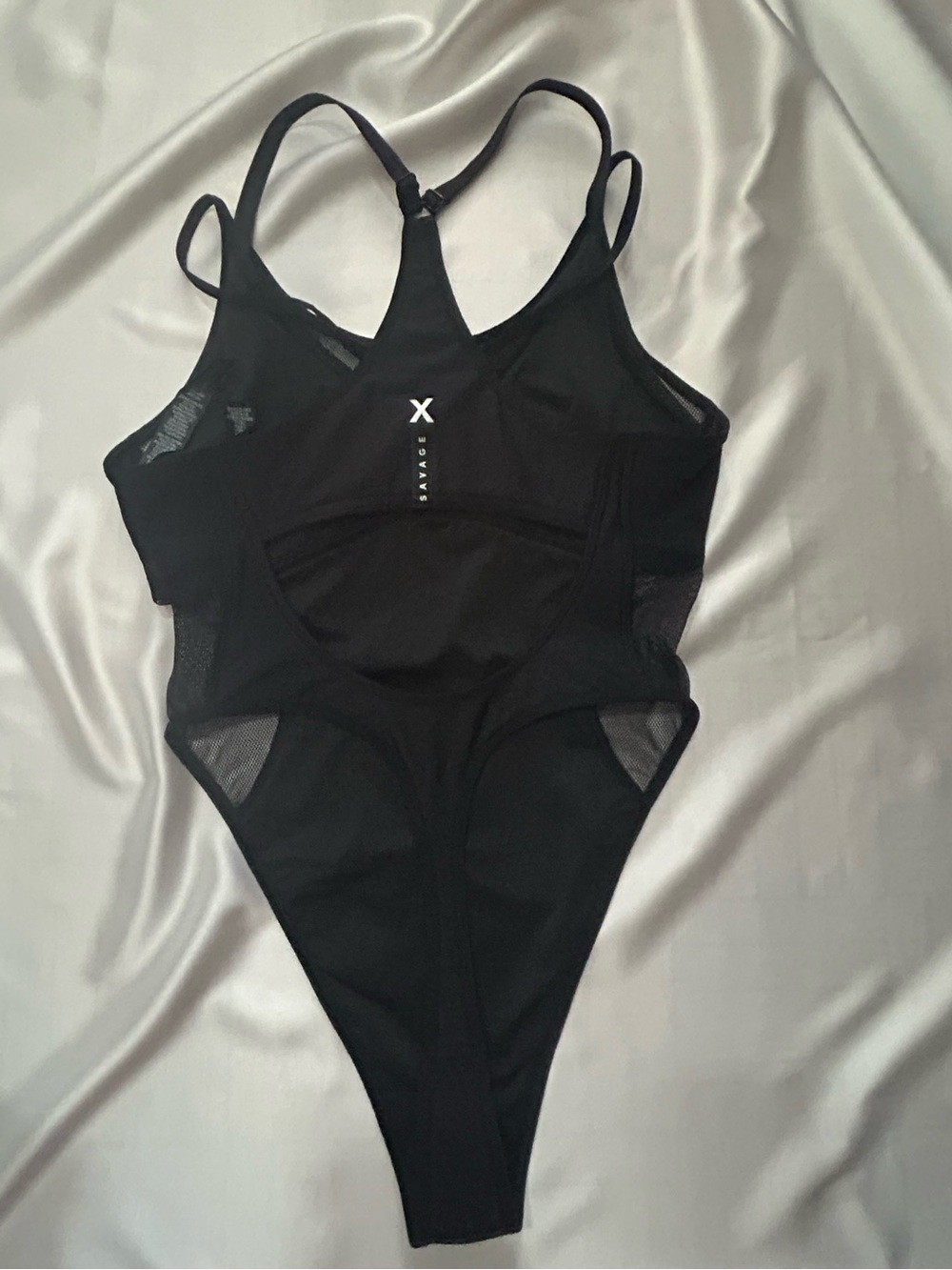 Savage X Fenty Black Mesh Panel Racerback Cutout High Leg Thong Bodysuit